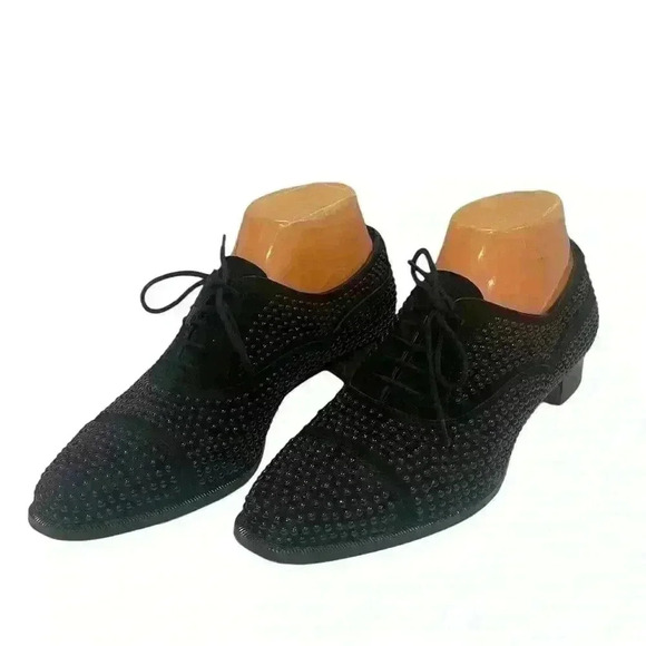 Manolo Blahnik Women’s Oxford Perlita Black Suede Studded Lace Up Sz 37.5/ 7.5 - Picture 5 of 14